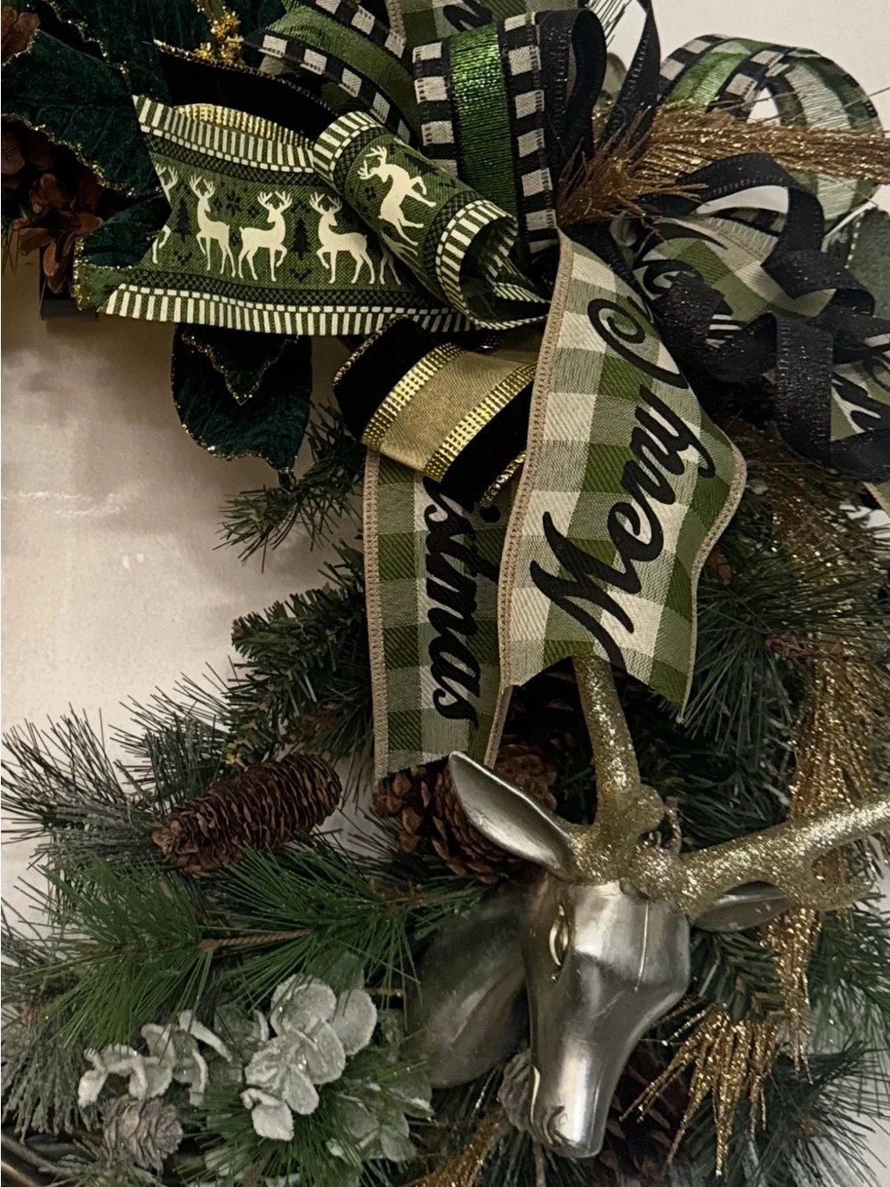Old World Pine Wreath with Lighted Lantern, Deer Accent & Ribbon